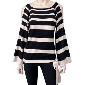Boston Proper Size L Black Cream Cold Shoulder Stripe Trumpet Sleeve Tie Sweater